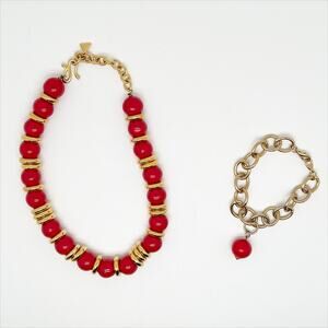 Vintage Gold Tone and Red Bead Necklace and Bracelet Matching Jewelry Set